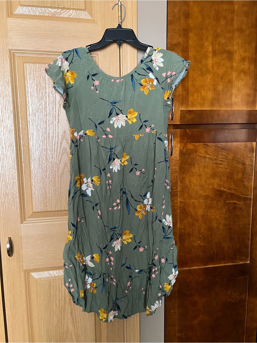 Old Navy Olive Green Floral Dress with Yellow & White Accents